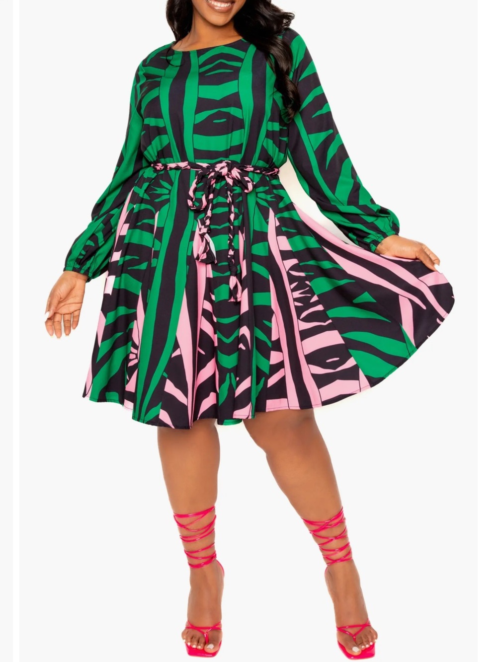 Buxom Couture Bishop Sleeve Fit & Flare Block Print Dress Sz 1X